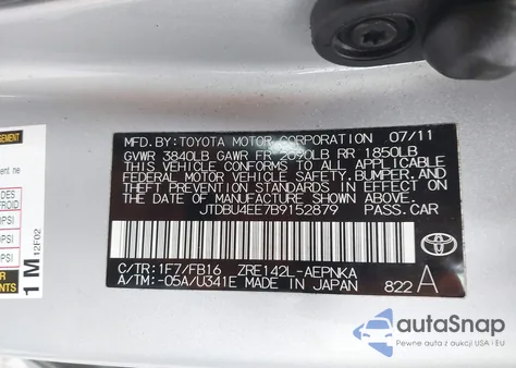 2011 Toyota Corolla Le из США, поврежденный, VIN JTDBU4EE7B9152879